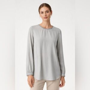 REISS Gray Beaded Trim Silk Blend Blouse Long Sleeve Elegant Work Top